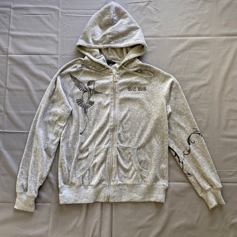 Bcbg Max Azria Women's L Gray Rhinestone Bird Graphic Zip Hoodie Zip-up 80 20